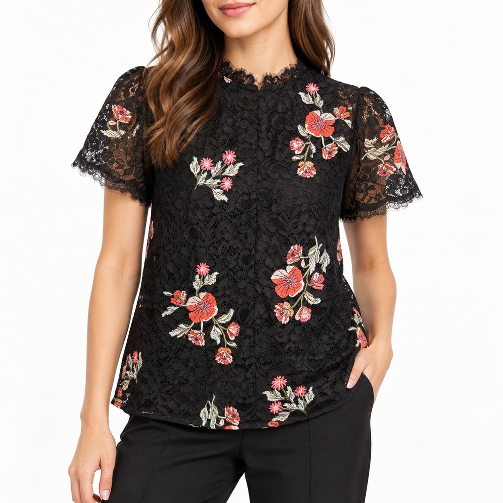 Rebecca Taylor Floral Embroidered Lace Blouse Women's 10 Black Mock Neck Zip Top
